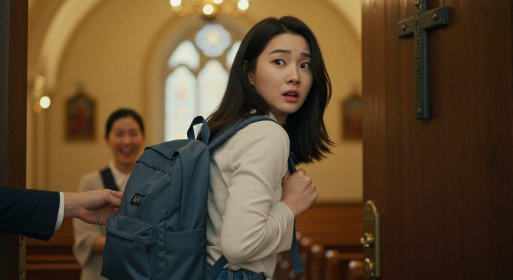 A pretty Korean Christian woman is stepping out of a grand church doorway, mid-motion, as a friendly church member gently holds onto the strap of her backpack. She turns back with a hilarious mix of surprise and hesitation, caught between staying and leaving. The background features a warmly lit church interior contrasting with the bright daylight outside, symbolizing her internal conflict. Her hair moves slightly from motion, and the cinematic lighting enhances the comedic, relatable moment.