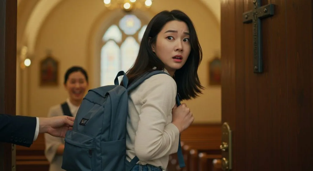A pretty Korean Christian woman is stepping out of a grand church doorway, mid-motion, as a friendly church member gently holds onto the strap of her backpack. She turns back with a hilarious mix of surprise and hesitation, caught between staying and leaving. The background features a warmly lit church interior contrasting with the bright daylight outside, symbolizing her internal conflict. Her hair moves slightly from motion, and the cinematic lighting enhances the comedic, relatable moment.