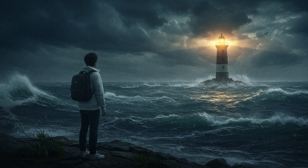 a man standing on a rock looking at a lighthouse in the ocean