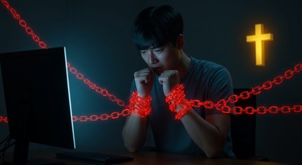 a man with his hands tied to a computer monitor
