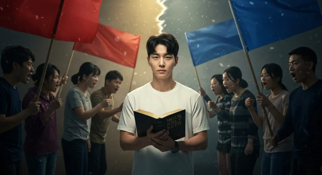 a group of people holding flags and a book