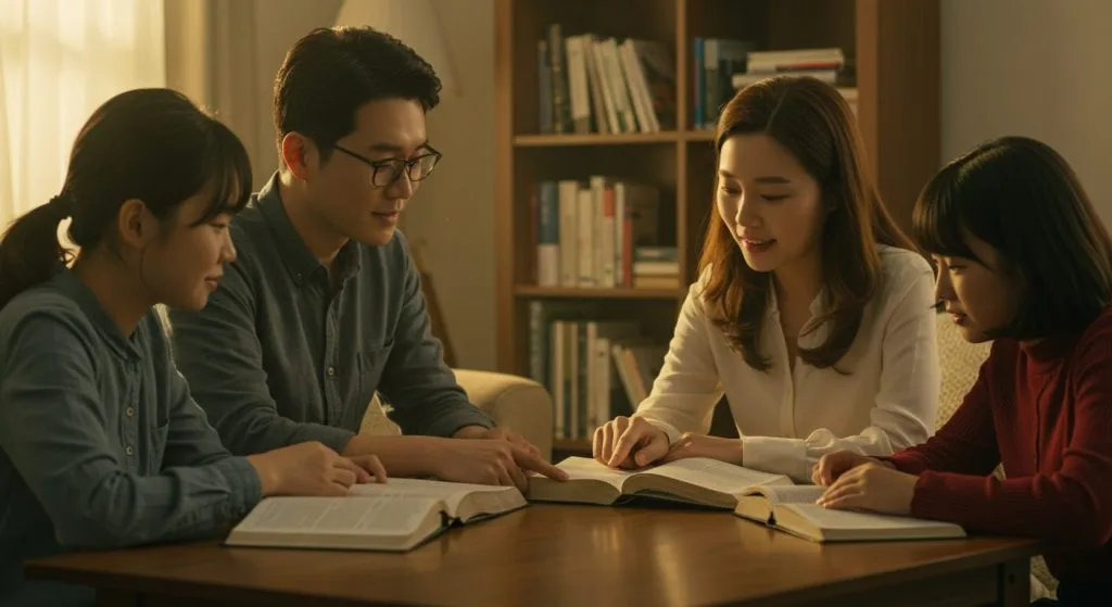 A Christian family seated together, engaging in scripture memorization