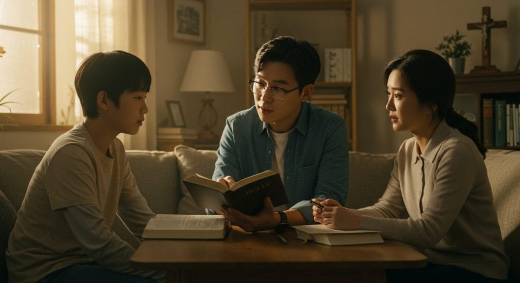A Korean Christian father and mother sit in a warmly lit home, engaging in a deep and thoughtful conversation with their child about Christian Parenting, LGBTQ+, and Sex Education. The parent holds an open Bible, explaining its teachings with wisdom and kindness. The child listens attentively, showing curiosity and reflection. Soft golden light streams through the window, creating a peaceful and faith-filled atmosphere. A bookshelf with Christian literature and a subtle cross in the background reinforce the setting of biblical teaching and family discussion.