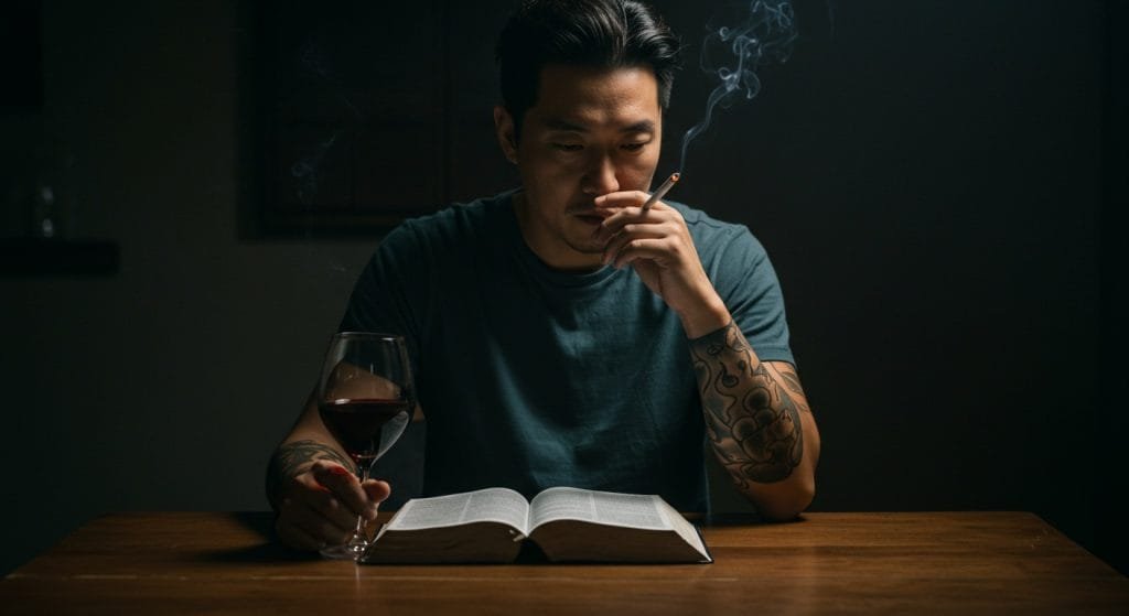 a man sitting at a table with a book and a cigarette