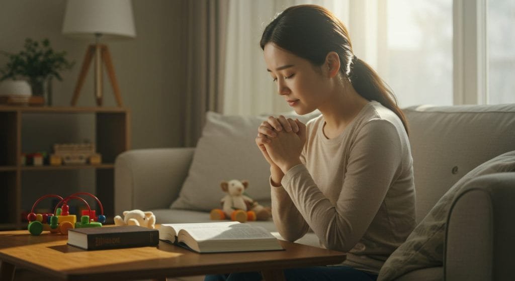 A Christian parent praying for patience with kids, seeking emotional control through scripture