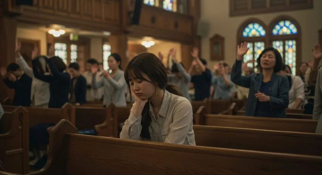 Young Korean woman showing no passion during worship service inside a church, feeling disconnected from true worship.