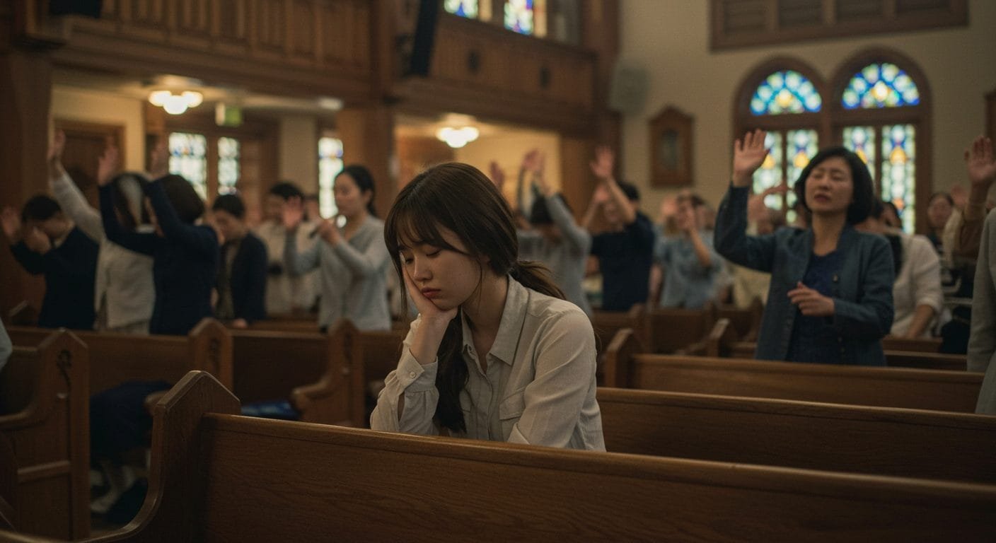 Young Korean woman showing no passion during worship service inside a church, feeling disconnected from true worship.